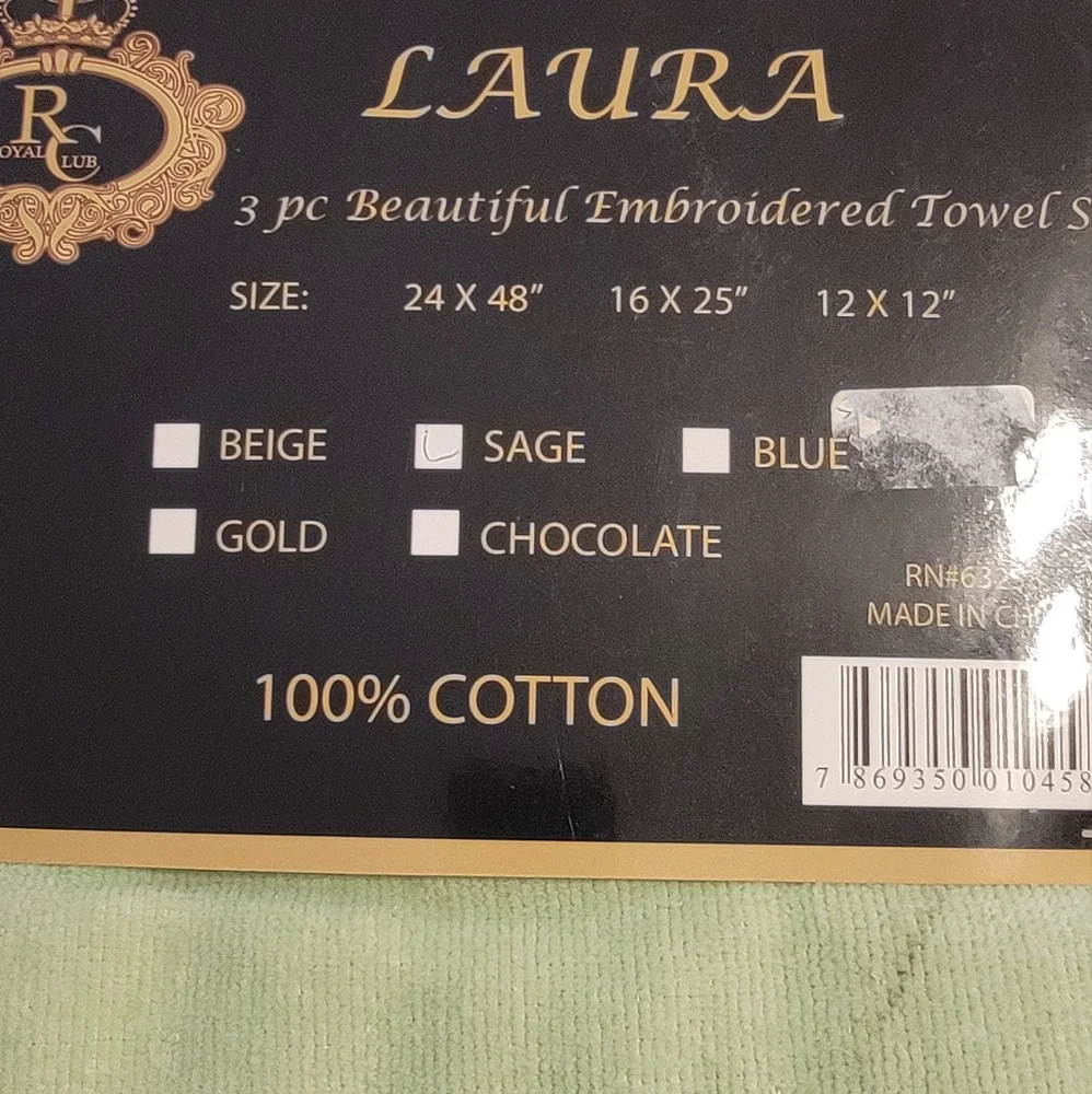 Royal Crown Laura 3 piece Bath Towel set Sage 1 towel 1 hand towel 1 wash rag